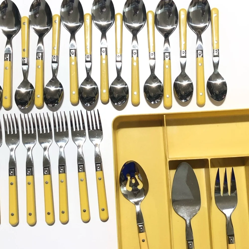 Vintage MCM Butterscotch Yellow Stainless Flatware lot 54 With Tray